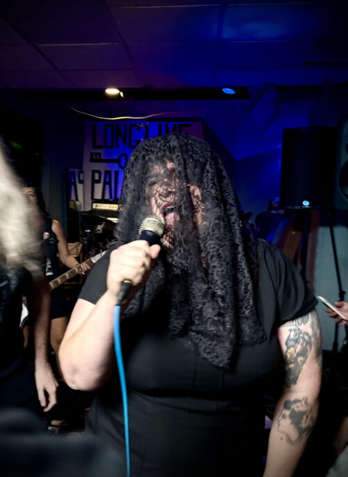 Rachel performing on stage, singing into a microphone, wearing a black veil.